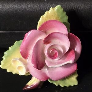 VintagePink and Green Ceramic Rose Brooch